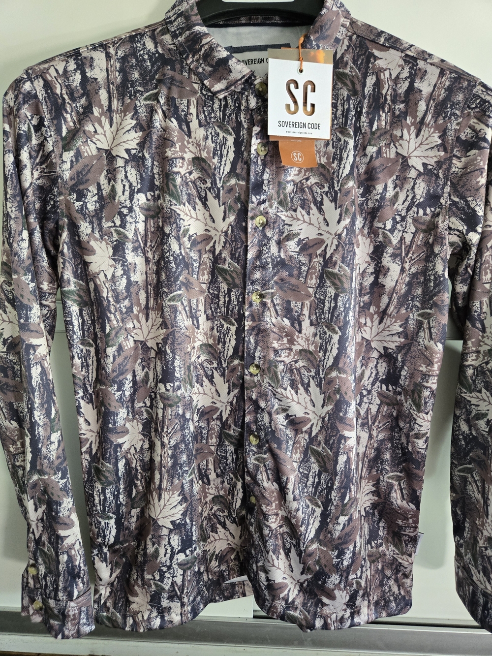 Sovereign Code Long Sleeve Button-Up Shirt - Brown Leaf Print